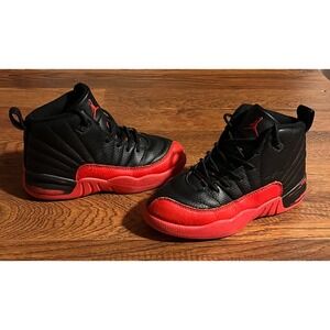 Jordan 12 Retro Flu Game Black Varsity Red Kids Sneakers Size 1Y